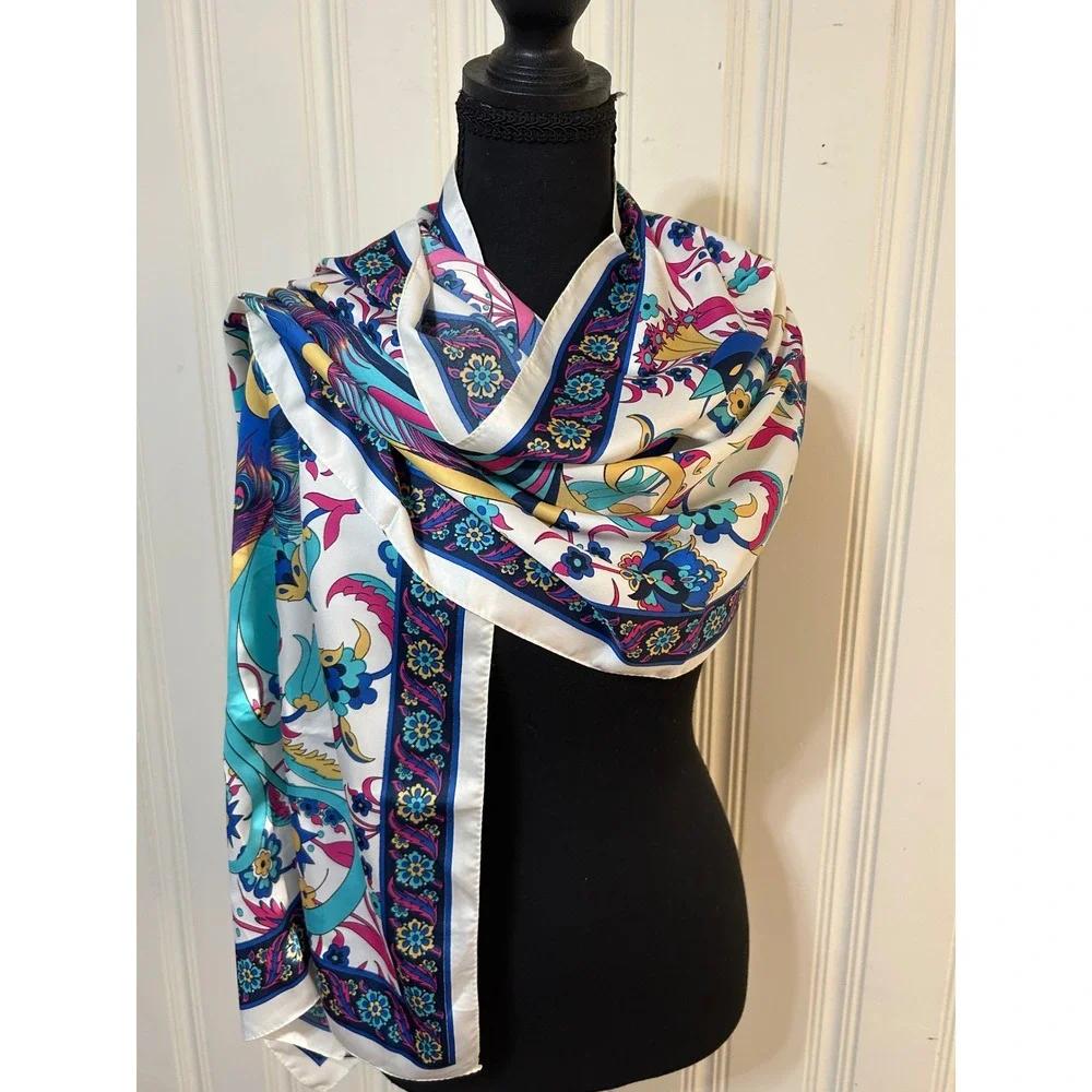 Silk Art Bursa Turkey 100% Silk Peacock Floral Rectangle Large Scarf Wrap 22x62